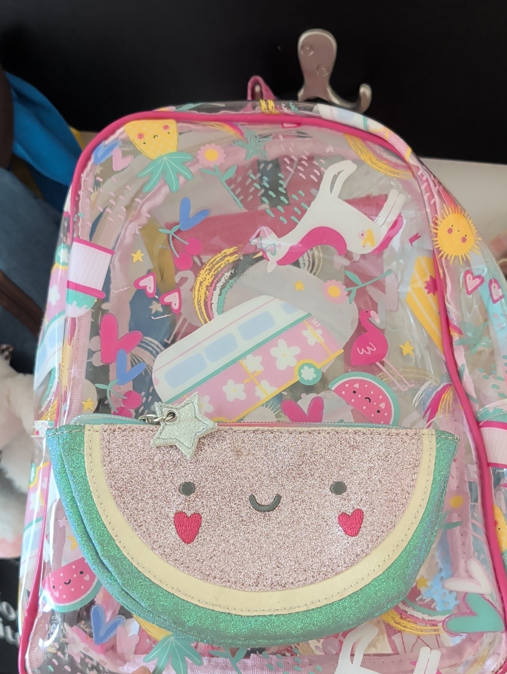 Clear Kids Backpack with Pink Glitter Watermelon Pouch